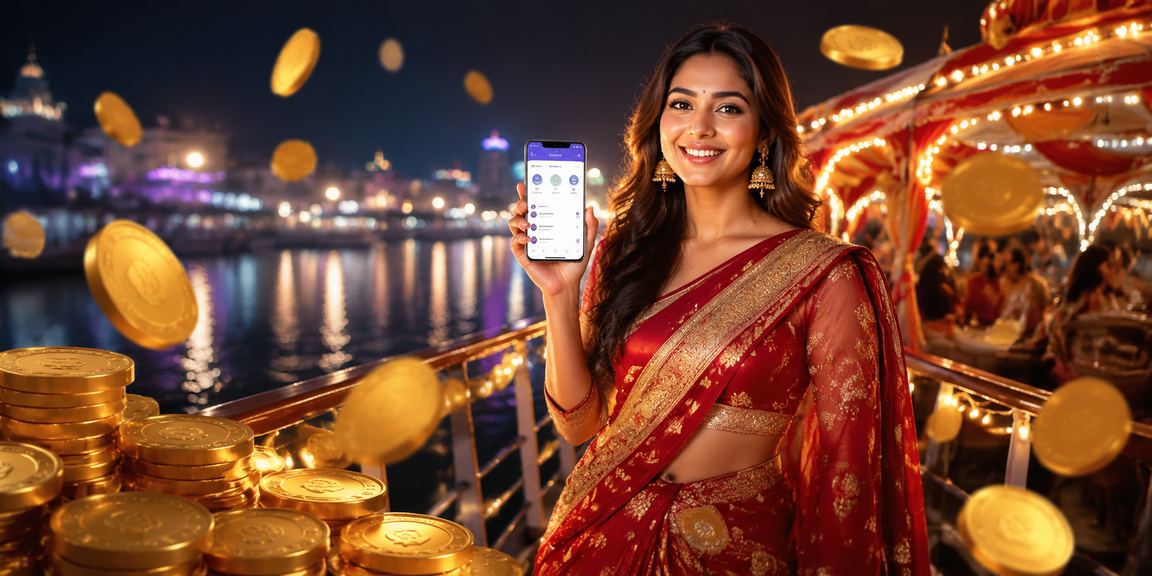 Indian woman using mobile payment for gaming in traditional saree